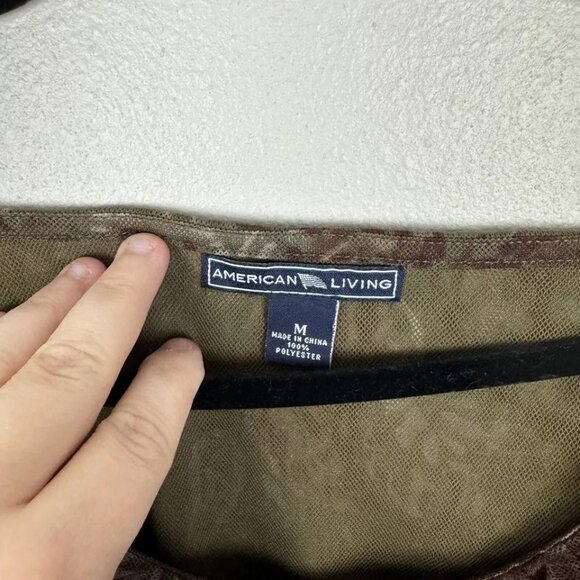 Y2K Mesh Top Vintage Women's Fairy Grunge Shirt Size M Brown Paisley Ruffle Neck - Picture 3 of 4